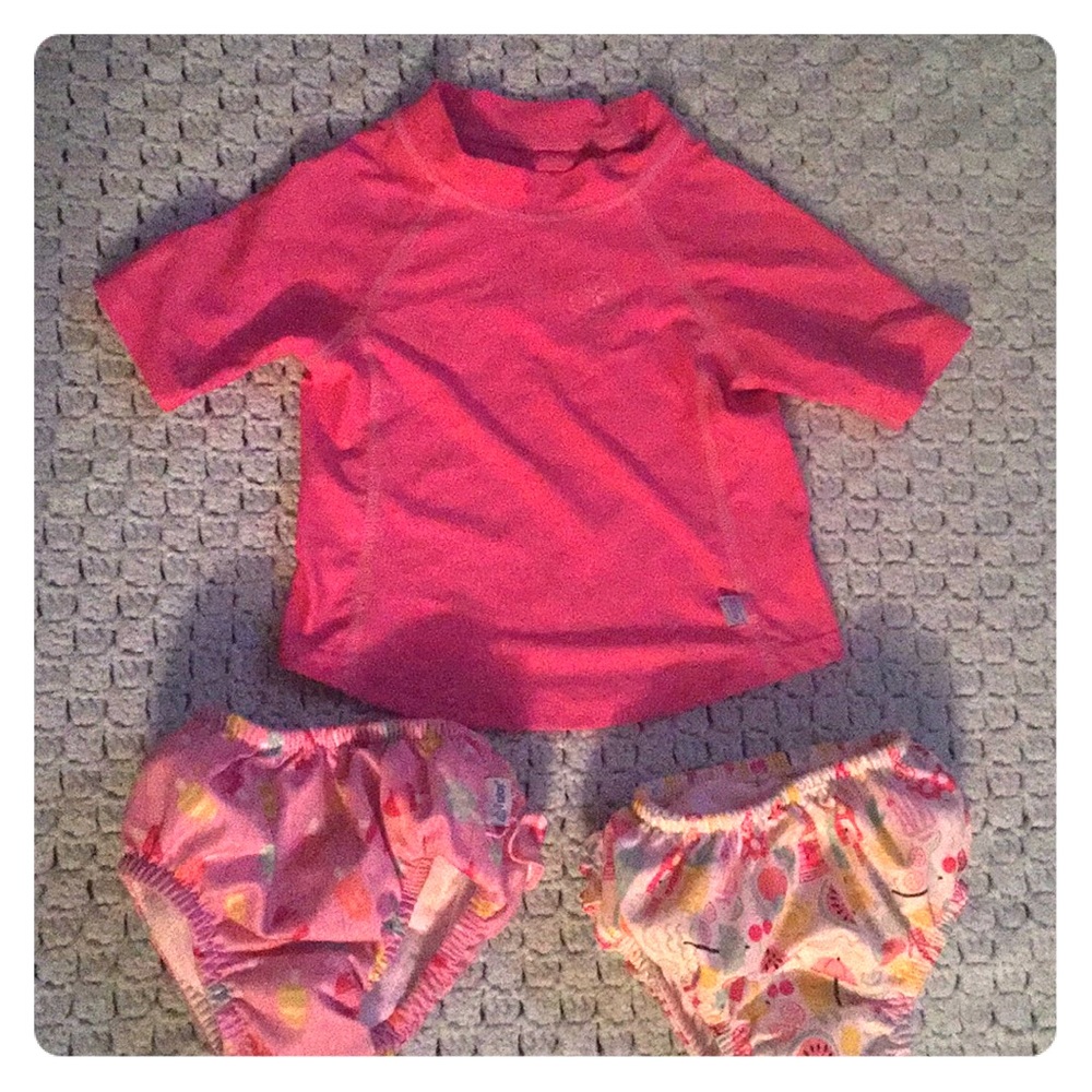 2 Reusable swim diapers and Rash guard top